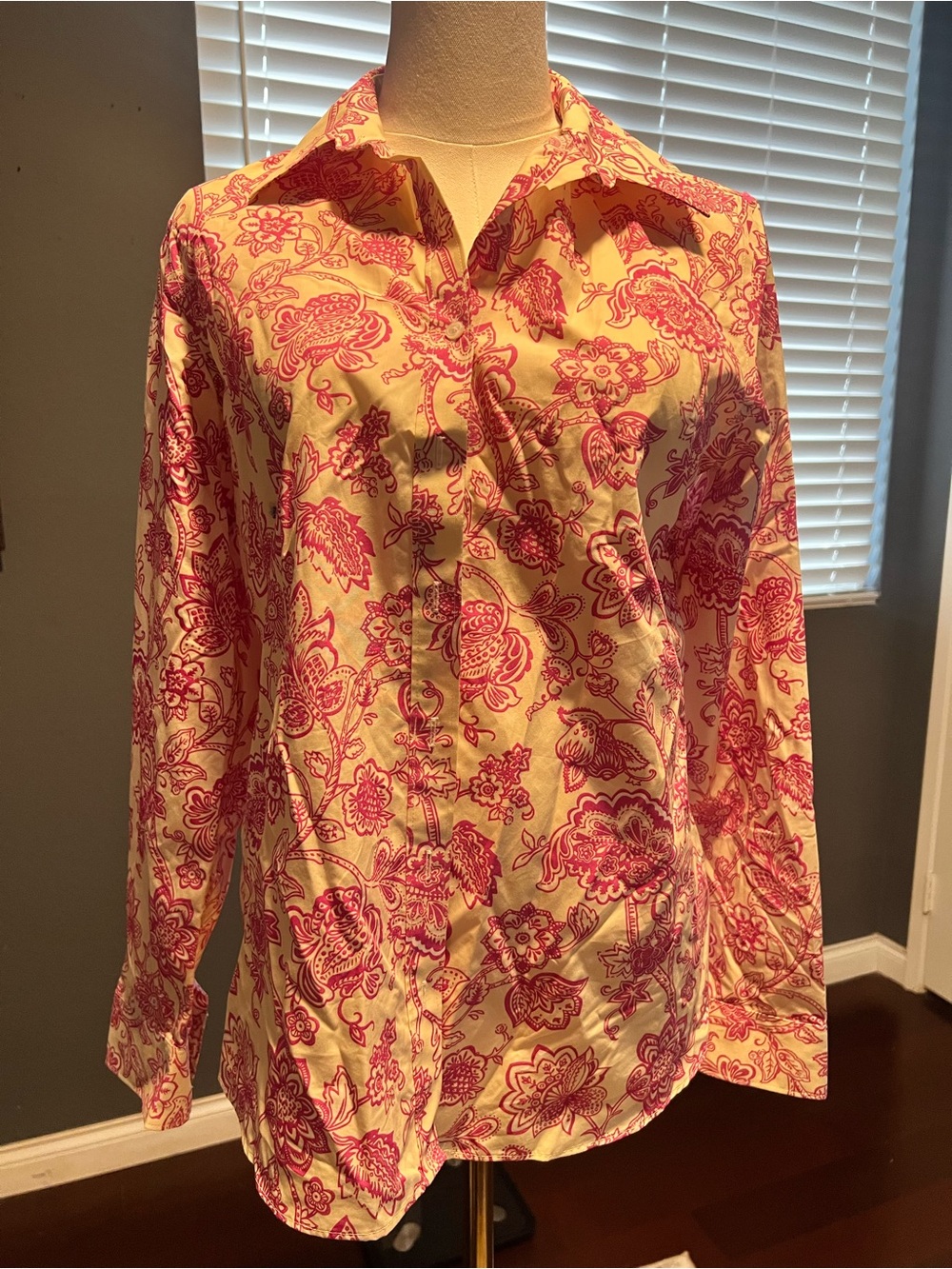 Lands' End Cream Button-Down Shirt with Pink Floral Print